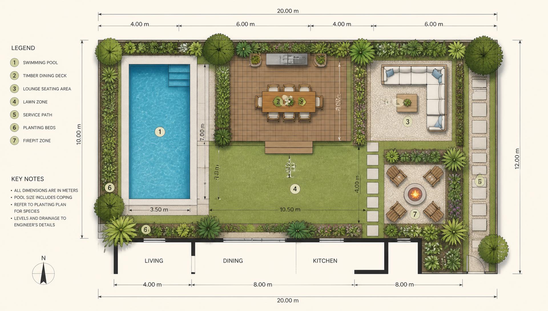 Top down backyard plan showing pool deck lawn lounge zones and measurements. Images Created by www.future-home.shop